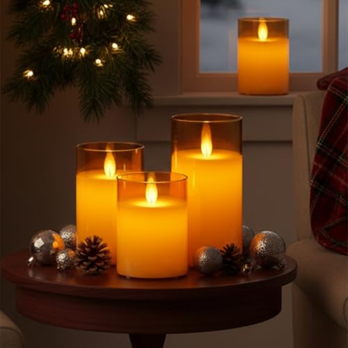 Image of LTETTES LED Glass Cup Pillar Flameless Electric Candles | Flickering Faux Wick | White Color Glass | Battery Powered with Multifunctional Remote Controller for Home Decor | Set of 3 3 inch D x 4 inch,5 inch,6 inch H