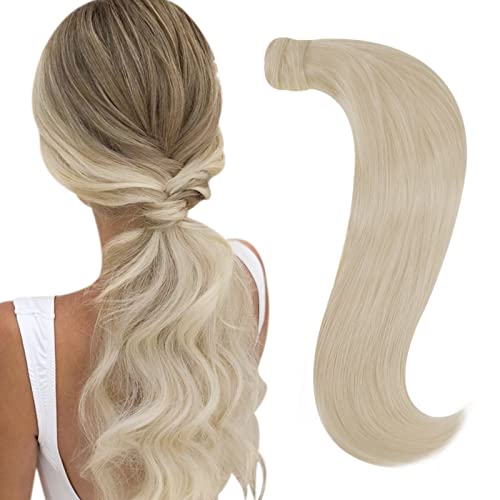 RUNATURE 20 Inch Human Hair Ponytail Extension Platinum Blonde Remy Hair Ponytail Hairpieces 80g Wrap Around Ponytail Hair Extensions Blonde Human Hair Real Hair Piecces Pony Tails