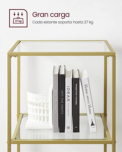 Librería cristal templado 6 niveles estantería dorada metálica estrecha VASAGLE dormitorio 6