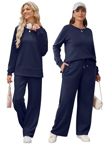 Image of OFEEFAN Women's 2 Piece Lounge Set Travel Airport Outfits Side Slit Tracksuit Wide Leg Loungewear Baggy Comfy Sweatsuit S-3XL