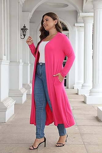 Image of Women Plus Size Floor Length Open Front Drape Cardigan Lightweight Long Sleeve Maxi Duster with Pockets 1X-5X