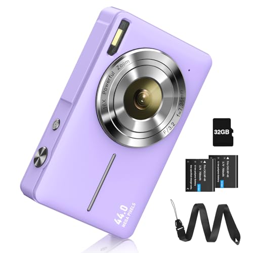 Cámara de fotos digital FHD 1080P 44 MP con tarjeta de 32 G, zoom digital de 16 x, cámara digital con batería, portátil, sencilla cámara digital para niños, estudiantes, adolescentes, principiantes