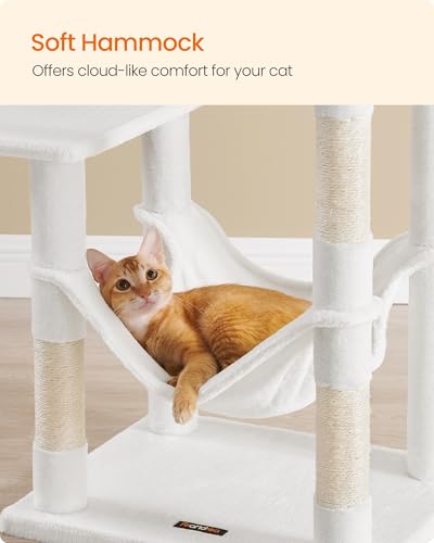 Image of Feandrea Cat Tree, 54.2-Inch Cat Tower, Plush Multi-Level Condo with 4 Scratching Posts, 2 Perches, Hammock, Cave, Cream White UPCT161T01