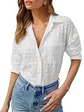 siliteelon Womens Button Down Shirts with Pockets Hollow Out Lace Embroidered Blouses Cotton Eyelet Long Sleeve Collared Dress Tops - White L