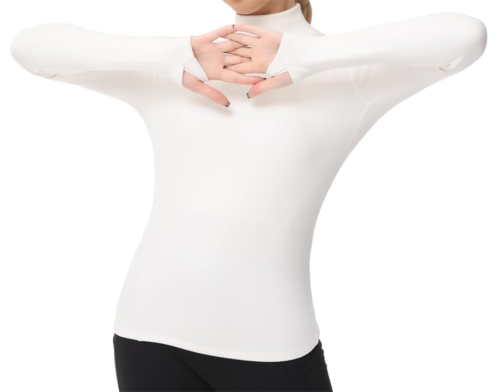 Camicie termiche da donna a maniche lunghe con collo alto, in pile, a maniche lunghe, girocollo, Beige, S