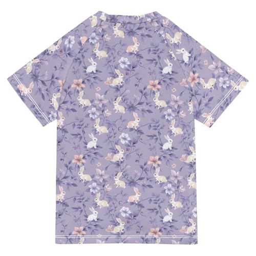 ALAZA Kids Rash Guard Girls Toddler Swim Shirts Short Sleeve Purple Flower Rabbit UPF 50+ 3T2