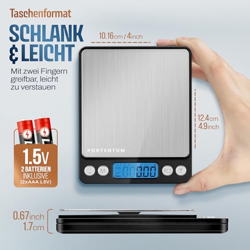 PORTENTUM Küchenwaage Digitale Profi (Hochpräzise 0.01g-500g)- Feinwaage mit LCD Display und 2 Batterien, Briefwaage Abstellautomatik und Tara, Kitchen Scale Klein mit 6 Maßeinheit