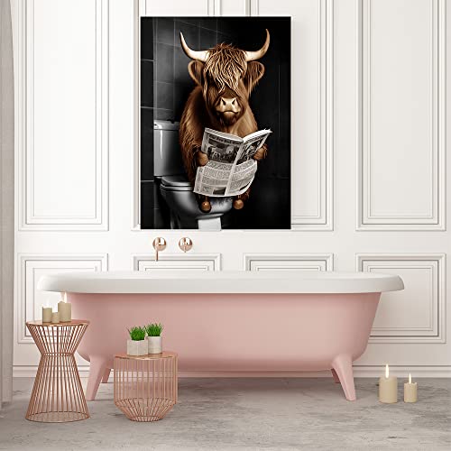 Psvod Funny Bathroom Wall Decor Highland Cow Sits On The Toilet And Reads The Newspaper Funny Animal Print Home Print #TOP2