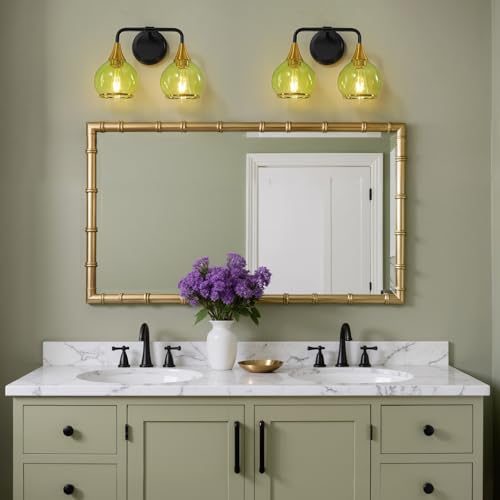 Image of Black and Gold Bathroom Vanity Light 2-Lights Bathroom Light Fixtures Over Mirror with Green Clear Glass Shade 14 inch Wall Sconce Lighting Bath(Exclude E26 Bulb)