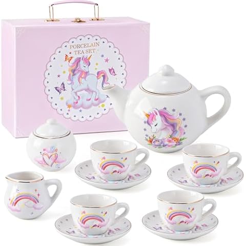 Tacobear Porcelain Tea Set for Girls Toys Unicorn Gift, 13pcs Tea Party Set with Teapot & Cup & Saucer & Suitcase, Kid Kitchen Pretend Playset Birthday Unicorn Toys for Girls 3 4 5 6-8 Cover