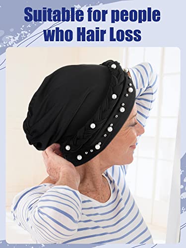 SATINIOR 4 Pieces African Women Turban Cap Beaded Headscarf Beanie Twisted Braid Wrap Hat Faux Pearl Headwrap, Black, Gray, Yellow, Royal Blue, M
