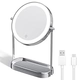 Decovesta Lighted Makeup Mirror with Lights Storage Tray 3 Lighting Rechargeable Mirror with Magnification 1X/10X 360° Swivel 8' Portable Vanity Personal Makeup Mirror Great Gift (Chrome)