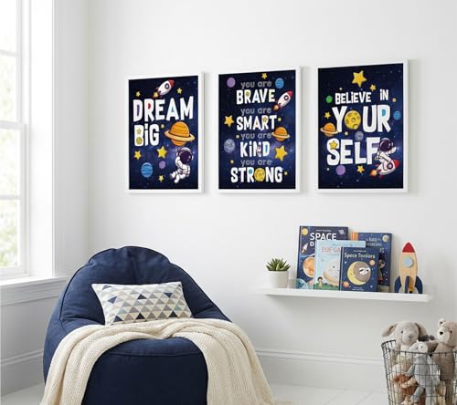 Image of 3Pcs Inspirational Space Astronaut Kids Poster Wall Art, Inspirational Quotes Painting Picture Wall Decor, Boys Positive Affirmative Poster Print Artwork for Playroom, Classroom, 12x16in Unframed