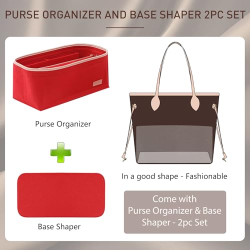 Image of Doxo Purse Organizer Insert & Base Shaper 2pc Set, Felt Handbag Bag Fit LV Speedy & Neverfull More (L-Red)