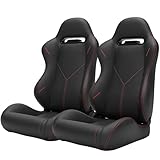 2 Pieces Universal Racing Seats with Dual Lock Sliders, 1 Pair PVC Leather Bucket Seats for Cars (PVC Black with Red Stitching)