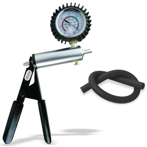LeLuv Ultima Black Vacuum Pump - Aluminum Alloy Silver Handle Manual Hand Vacuum (0-30 Hg, 0-760 mmHg), Gauge Installed with Protective Rubber Cover, Rubber Padded Grips with Silicone Hose