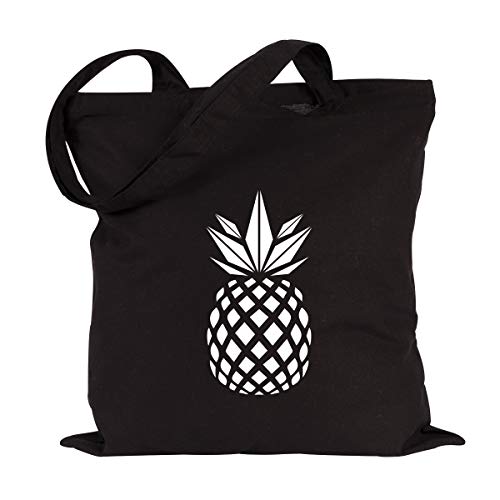 JUNIWORDS Jutebeutel - Wähle eine Farbe -"Ananas" (Beutel: Schwarz, Text: Weiß)