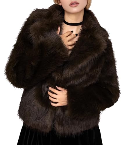 Image of Yimoon Womens Faux Fur Coat Fluffy Jacket Long Sleeve Lapel Furry Warm Winter Shaggy Parka Short Coat with Pockets(Coffe-M)