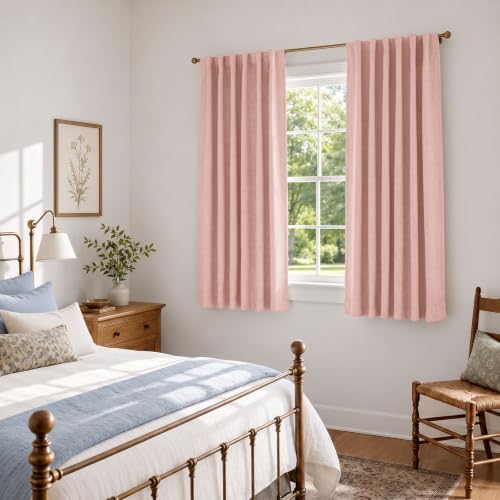 Image of Faux Linen Total Blackout Curtains for Bedroom 54 Inch Long Blush Pink | 100% Blackout Shield, Back Tab /Rod Pocket Living Room Drapes, Thermal Insulated Blackout Curtains 2 Panels Set, 42 inchW x 54 inchL