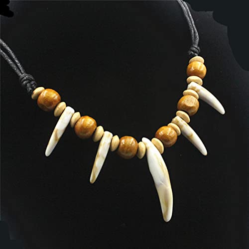 Tribal Acrylic Wolf Tooth Necklace Ethnic Style Handmade Stone Woody Beaded Resin Curly Wolf Fang Tooth Adjustable Cord Collar For Men Women Dress Up Jewelry-B Brown #TOP2