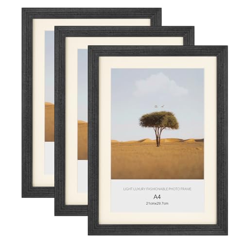 Image of A4 Picture Frame, 3 Pack 100% Solid Wood Photo Frame 8.3x11.7 inch Poster Frames certificate Document Frame with Plexiglass Window,Freestanding and Wall Mountable