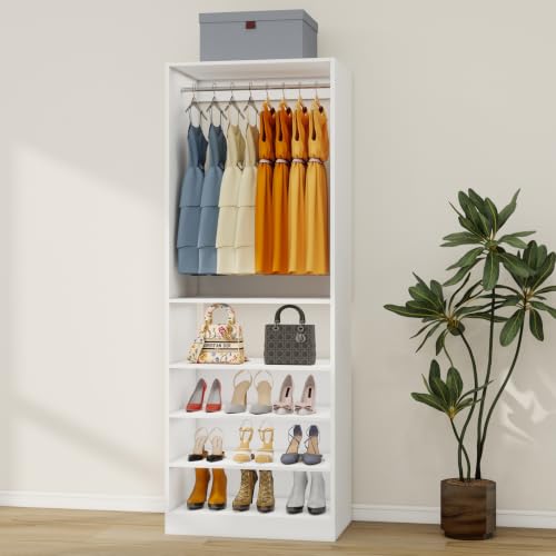 Image of 2-5FT Walk in Closet System with Adjustable Shelves, 81 inch Tall Closet Organizer System Tower with Hanging Rod, Wooden Closet Storage Cabinet, White