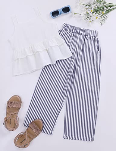 Image of Girl's 2 Piece Striped Outfits Cami Top Wide Leg Pants Ruffle Hem Summer Clothes with 2 Pockets 3-14Y