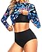 Pinup Fashion Long Sleeve Swimsuit 2 Piece Rash Guard Set Blue Floral UV UPF 50+ Crop Swim Tops with Built in Bra M
