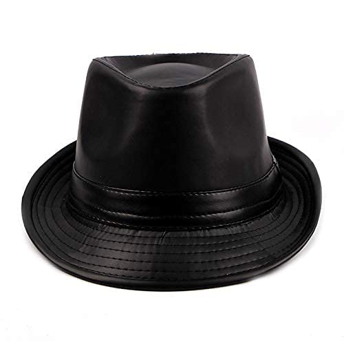 Utaly Pu Leather Trilby Fedoras Panama Jazz-Hat Short Brim Bowler Hat (S-M) (Black) #TOP5