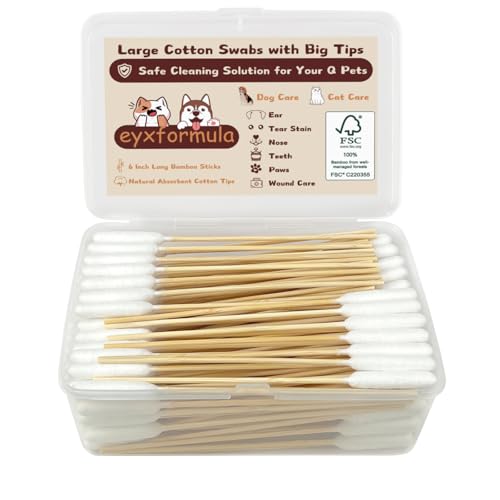 eyxformula 6 Inch Long Cotton Swabs for Pet Cleaning, Bamboo Handle, Pet Ear Cleaning Solution Supplies for Dogs and Cats (200 pcs Long Head Cotton swabs)