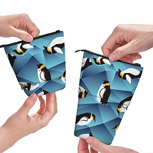 Image of Swono Penguin Pencil Holder Abstract Blue Crystal Ice Stand Up Pencil Case Pencil Pouch Cosmetics Bag For Women Men