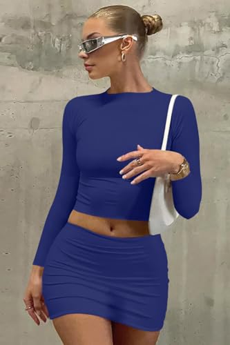 Image of LAGSHIAN Women Sexy 2 Piece Outfits Long Sleeve Crop Top Bodycon Mini Skirt Club Suits Dress