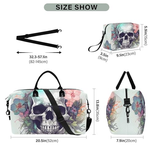Large Travel Duffel Bag, Beautiful Skull Floral Sports Tote Gym Bag, Shoulder Weekender Overnight Bag for Women Men, Carry On Luggage with Toiletry Bags3