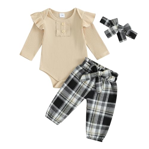 Image of fhutpw Newborn Baby Girl Clothes Infant Rib Frill Long Sleeve Romper Flared Pants Headband Set 3pcs Fall Winter Outfits