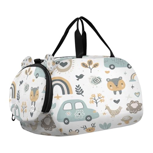 YETTASBIN Sport Travel Duffel Bag for Girls Boys, Cartoon Animals Large Waterproof Weekender Overnight Bag, Detachable Shoulder Strap Gym Bag with Shoe Compartment & Wet Pocket