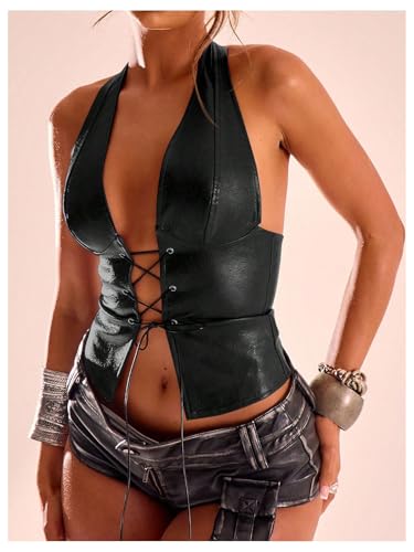 Women's PU Leather Halter Tank Top Lace Up Front Crop Top Sleeveless Y2K Backless Top4