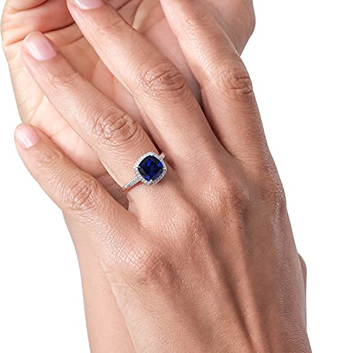 Gem Stone King 10K White Gold Blue Created Sapphire And Accent Diamond Engagement Ring For Women (2.50 Cttw, Cushion 8Mm, Available In Size 5, 6, 7, 8, 9) #TOP3