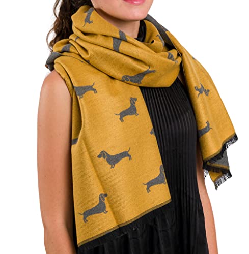 GFM® Women's Cashmere Texture Dachshund Dogs Shawl Scarf for Autumn Winter (DGSHL-AA) (DG-11-Mustard)(PASH-FLD-22311-DGSHL-MTD)