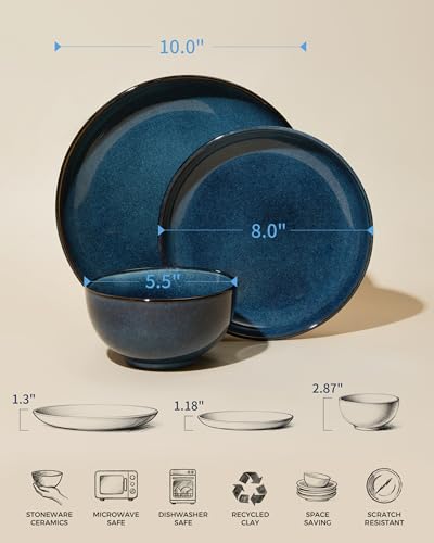 Image of Pokini Stoneware Dinnerware Sets Service for 4, 12 pcs Reactive Glaze Plates and Bowls Sets, Handmade Ceramic Dish Set, Highly Chip and Crack Resistant Modern Plate Set, Starry Blue