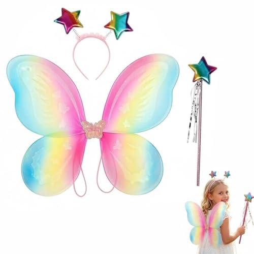 AYZDJ Bunte Schmetterlingsflügel mit Stern-Haarspangen und Zauberstab-Set, Cosplay-Foto-Requisite, Kostümzubehör für Bühnenaufführung, Rollenspiele, Geburtstagsparty, Halloween, Glitzer