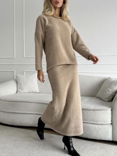 CHARTOU Women's Elegant Sweater Skirt Sets 2 Piece Outfits Fall Fuzzy Crewneck Sweater Fishtail Skirts4