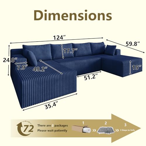 Image of 124 inch Modular Sectional Sleeper Sofa, Boneless Cloud Couch for Living Room, U Shaped 3 Seat Sofa with Deep Seat, Free Combination, Couch in a Box, No Assembly Required (Blue)