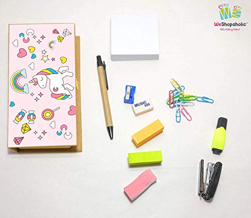Image of Shopaholic Eco-Friendly Stationary Set With Paper Clips, Stapler, Sticky Notes, Calendar, Pen (Unicorn-Memo Pads)