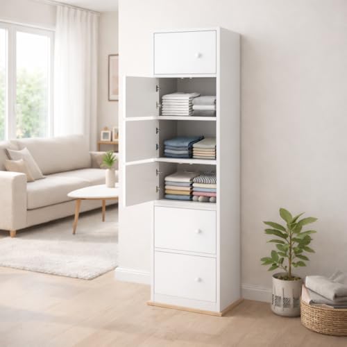 Image of Mevigo Foldable Wooden Wardrobe for Bedroom 6-Shelf Engineered Wood Storage Cabinet for Collapsible Cupboard Almirah for Clothes Space Saving Wooden Wardrobe with Door White