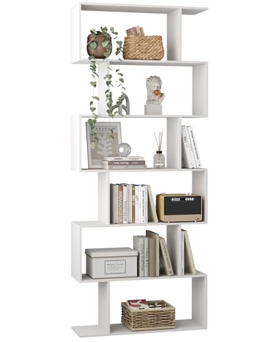 Yusong Boekenplank met 6 niveaus, geometrische boekenkast, S-vormige boekenplanken voor slaapkamer, moderne houten decoratieve displayplank, hoge boekenkast voor thuiskantoor, wit