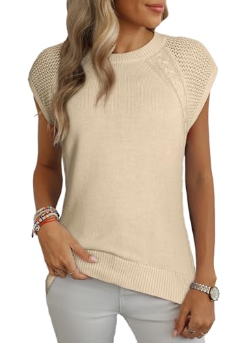 Dokotoo Sweater Vest Women Crewneck Cable Knit Womens Old Money Clothes Western Fall Outfits for Women 2025 Womens Vest Top Early Fall Fashion Short Sleeve Sweater Beige Medium
