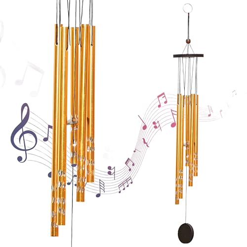 Campanas de viento para decoración del hogar – Campanas colgantes de metal Feng Shui, tamaño grande, vibraciones de energía positiva, 5 tubos, campanilla de viento dorada para balcón, jardín y