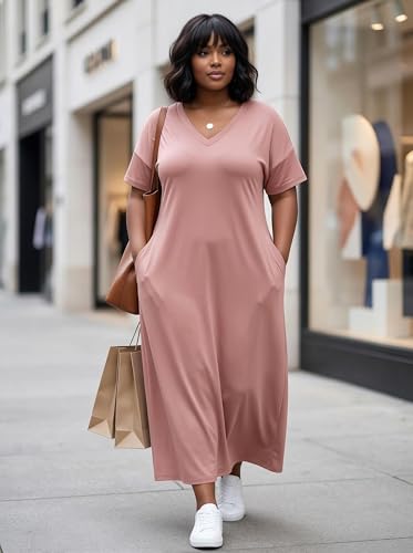 Image of SUZONANA Women Casual T-Shirt Dress V Neck Short Sleeve Solid Color Oversize Dress with Front Two Pockets