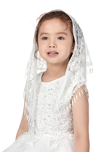 PAMOR Triangle First Communion Veils for Girls Lace Chapel Veil Mantilla Veils Latin Mass Church Veil for Catholic Baptism3