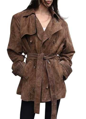 chouyatou Women Faux Suede Leather Trench Coat Double Breasted Midi Long Pea Coat Overacoat with Belt